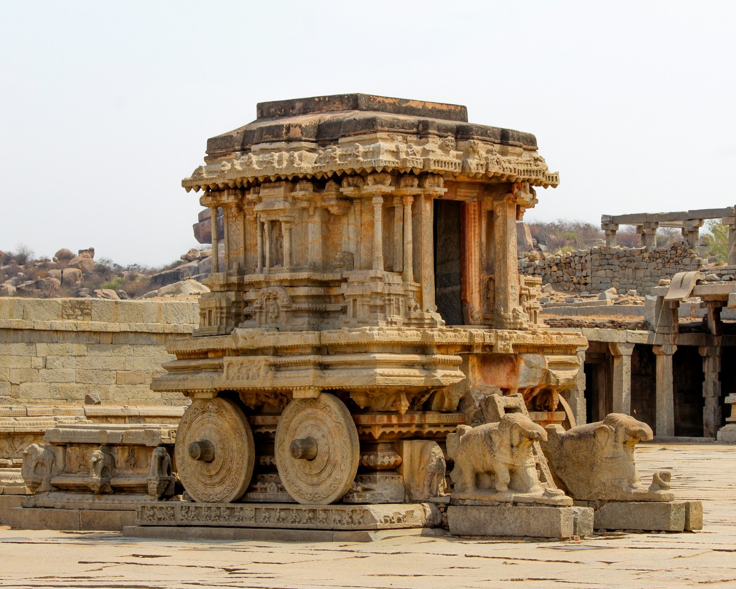 Hampi's iconic stone chariot and temple ruins