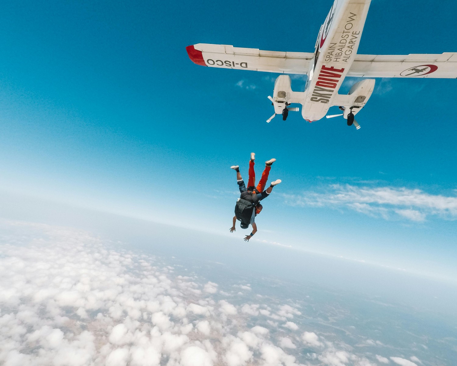 Skydiver descending over Whitsunday Islands with parachute deployed