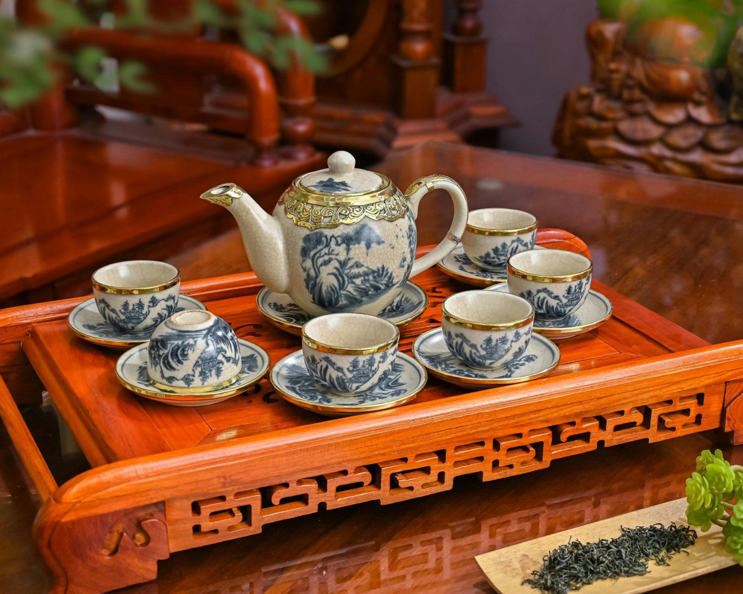 Delftware blue and white pottery with traditional patterns