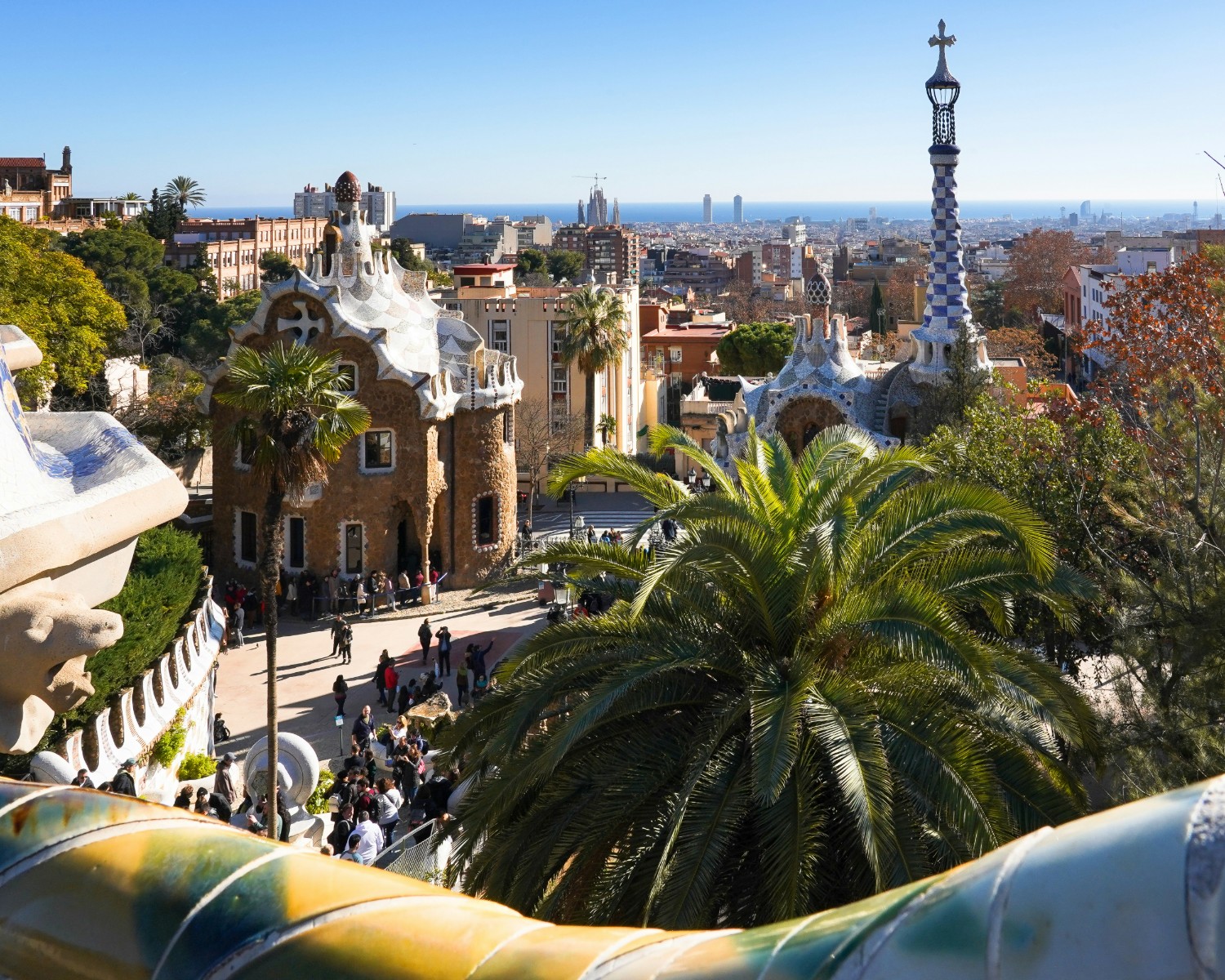 Park Güell panoramic plaza with Barcelona cityscape
