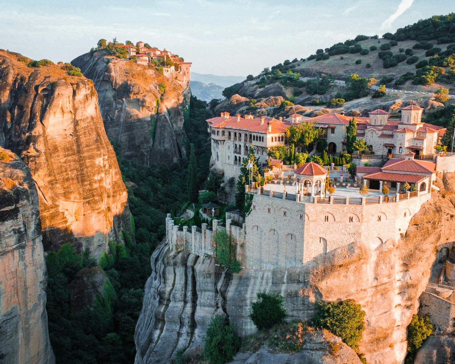 Monasteries impossibly balanced atop Meteora rock pillars