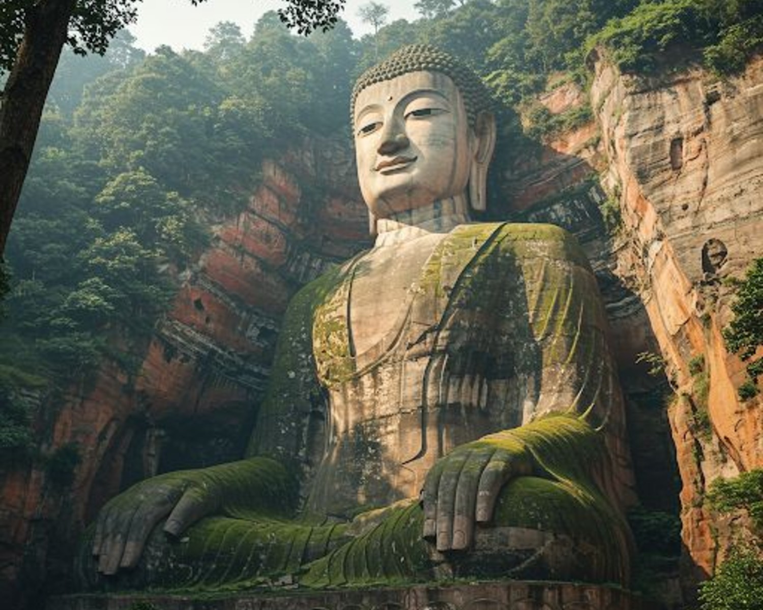 Serene Buddhist temple amid mist-covered mountains