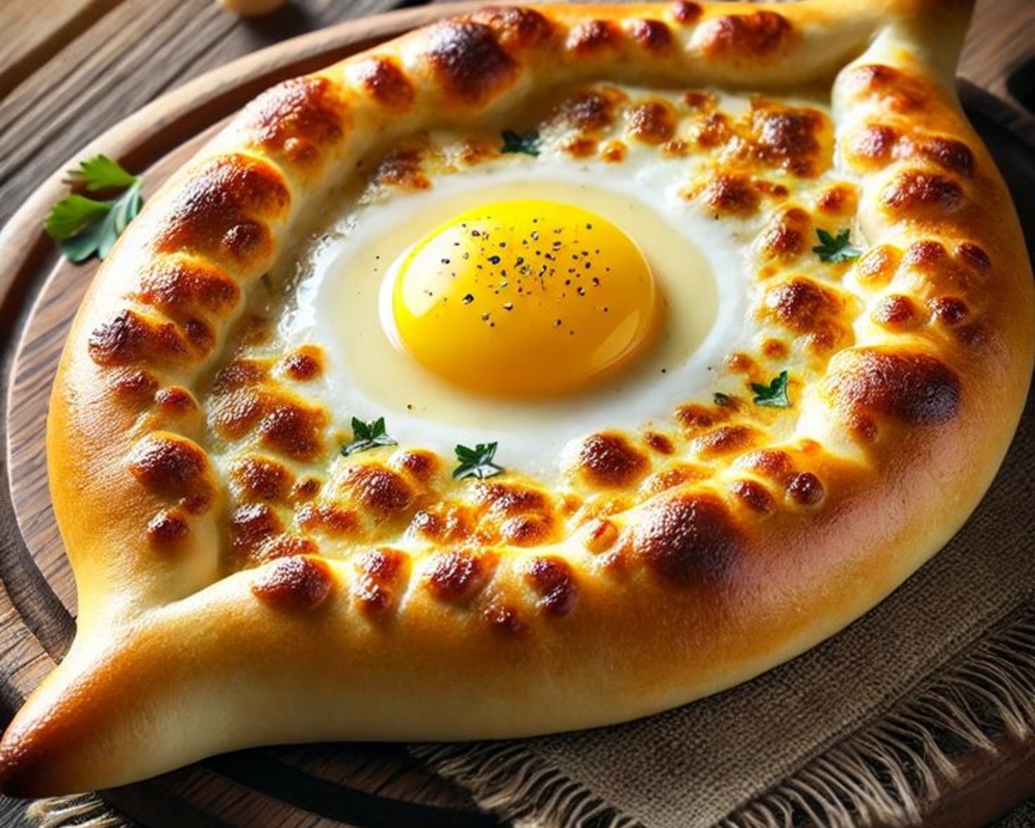 Traditional khachapuri varieties including Adjaruli with egg topping